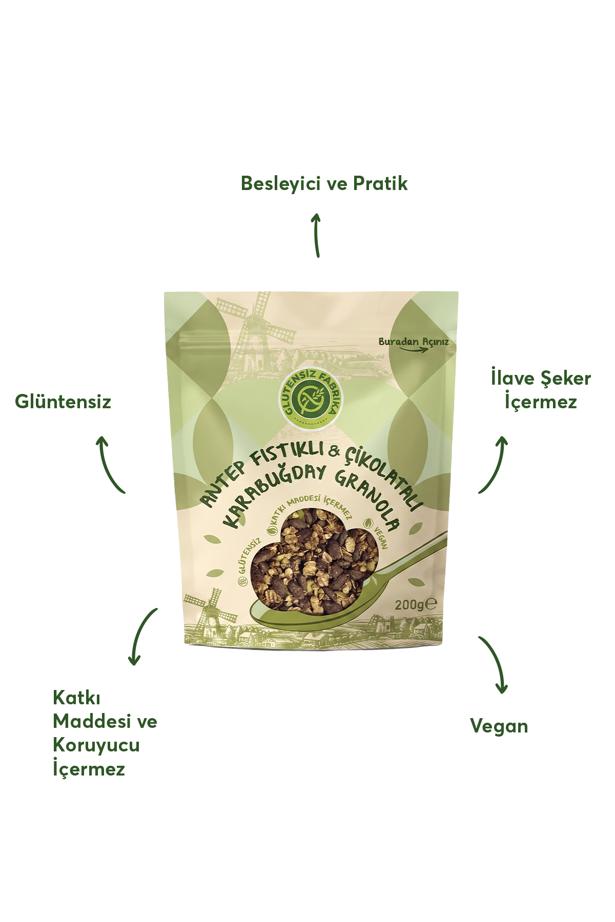 Antep Fıstıklı & Çikolatalı Karabuğday Granola 200g